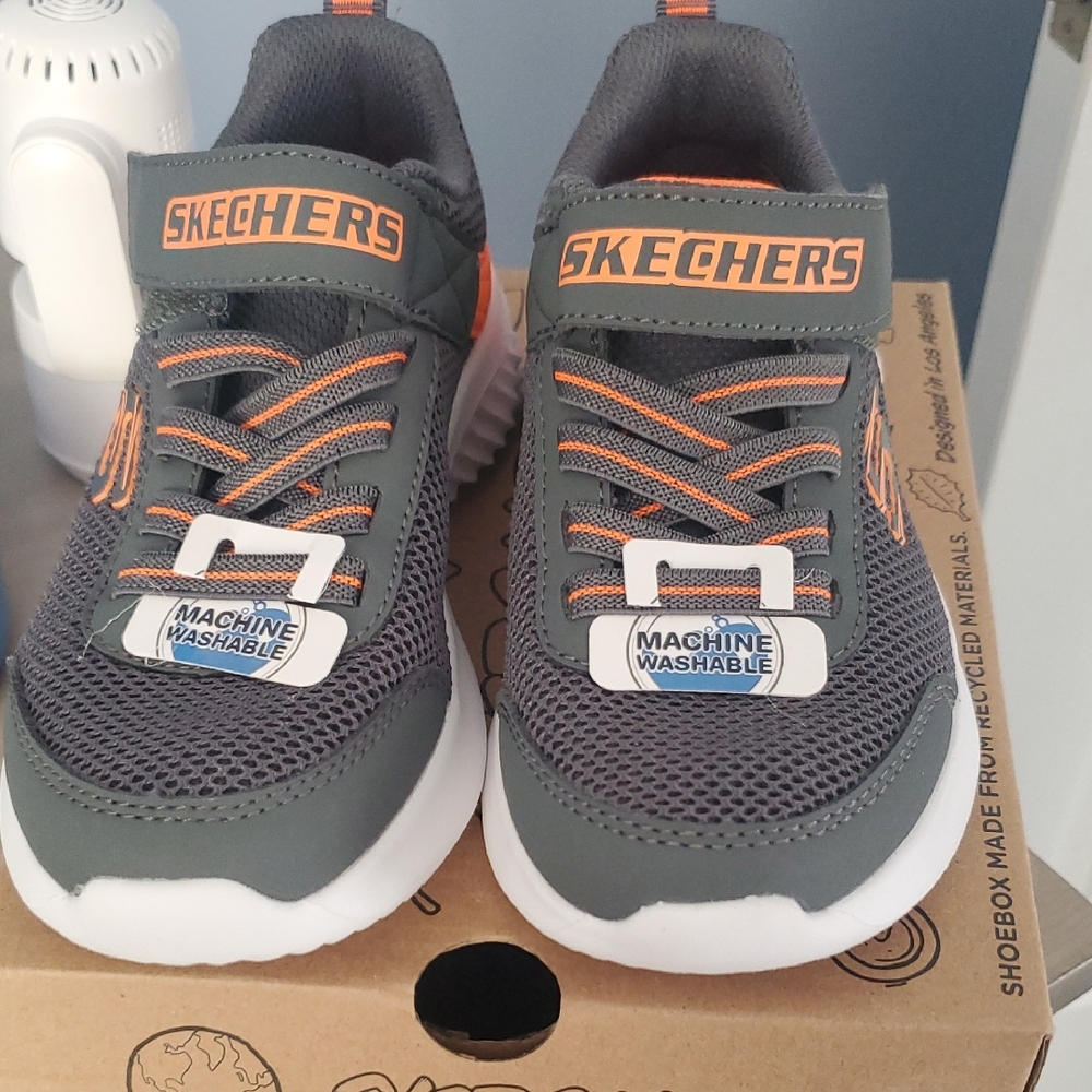 Skechers Kids' Charcoal and Tangerine Sneakers, Brand New BOYS Size 12.